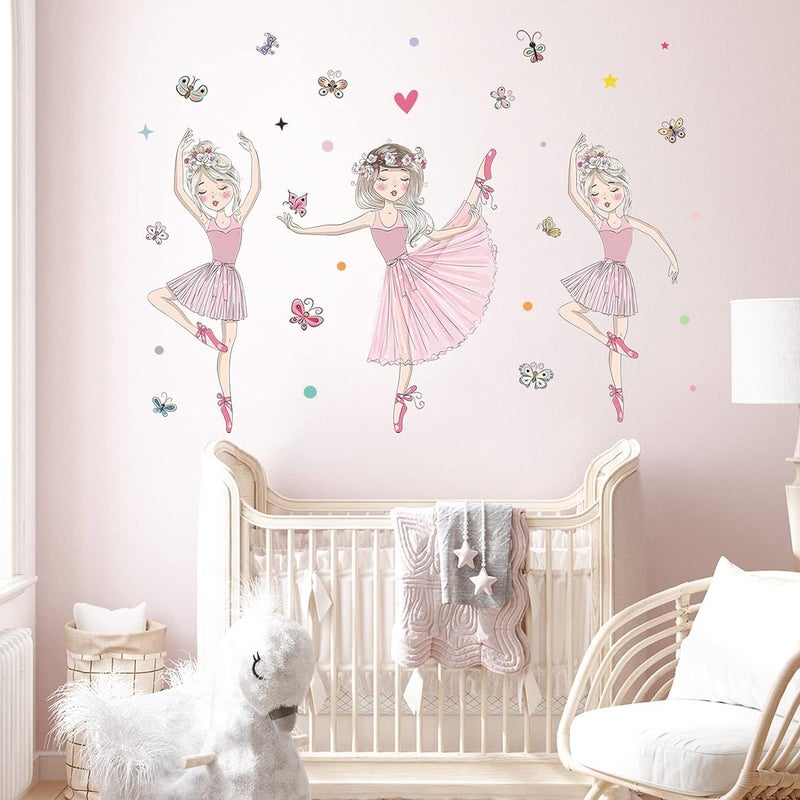 BPA 3 Pink Ballerina Baby Girls Wall Stickers, ULENDIS Removable Lovely Ballet Girls with Butterfly Wall Decals, Little Princess Wall Art Decor for Girls Bedroom Living Room Dance Room - Image 1