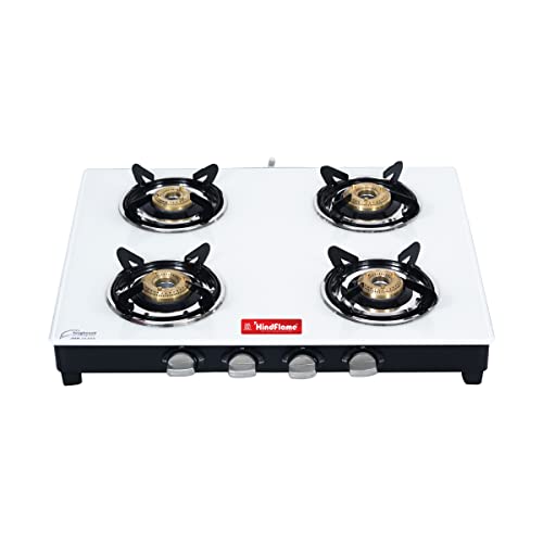 Hindflame 4 Burner Marvel White Premium Toughened Glass LPG Cooktop, Manual Ignition Gas Stove with 1 Year Warranty (ISI Approved) - Image 1
