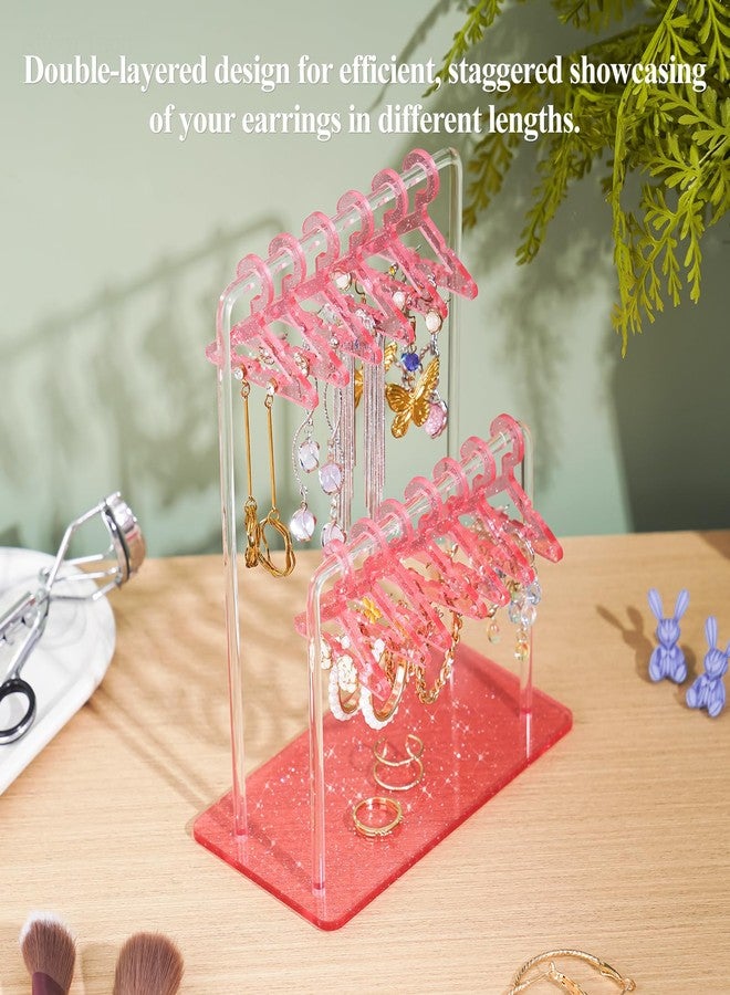 NiHome Glitter Acrylic Earring Holder with Unique Double-Tiered Design, Miniature Clothing Hangers with Spacious Storage for 48 Pairs, Mirror-Finish Display for Home Vanity & Retail Showrooms (Pink) - Image 2