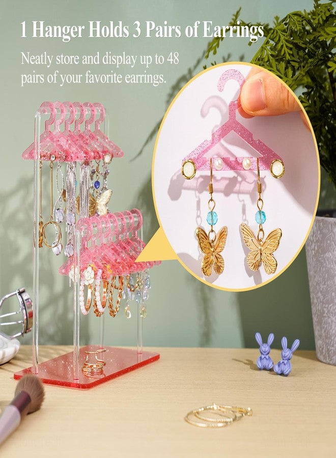 NiHome Glitter Acrylic Earring Holder with Unique Double-Tiered Design, Miniature Clothing Hangers with Spacious Storage for 48 Pairs, Mirror-Finish Display for Home Vanity & Retail Showrooms (Pink) - Image 3