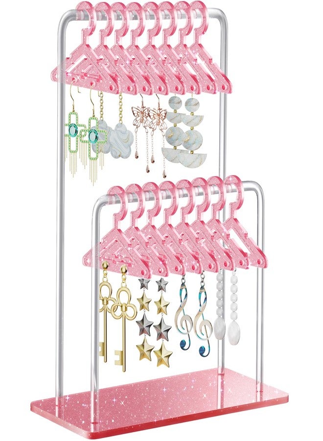NiHome Glitter Acrylic Earring Holder with Unique Double-Tiered Design, Miniature Clothing Hangers with Spacious Storage for 48 Pairs, Mirror-Finish Display for Home Vanity & Retail Showrooms (Pink) - Image 1