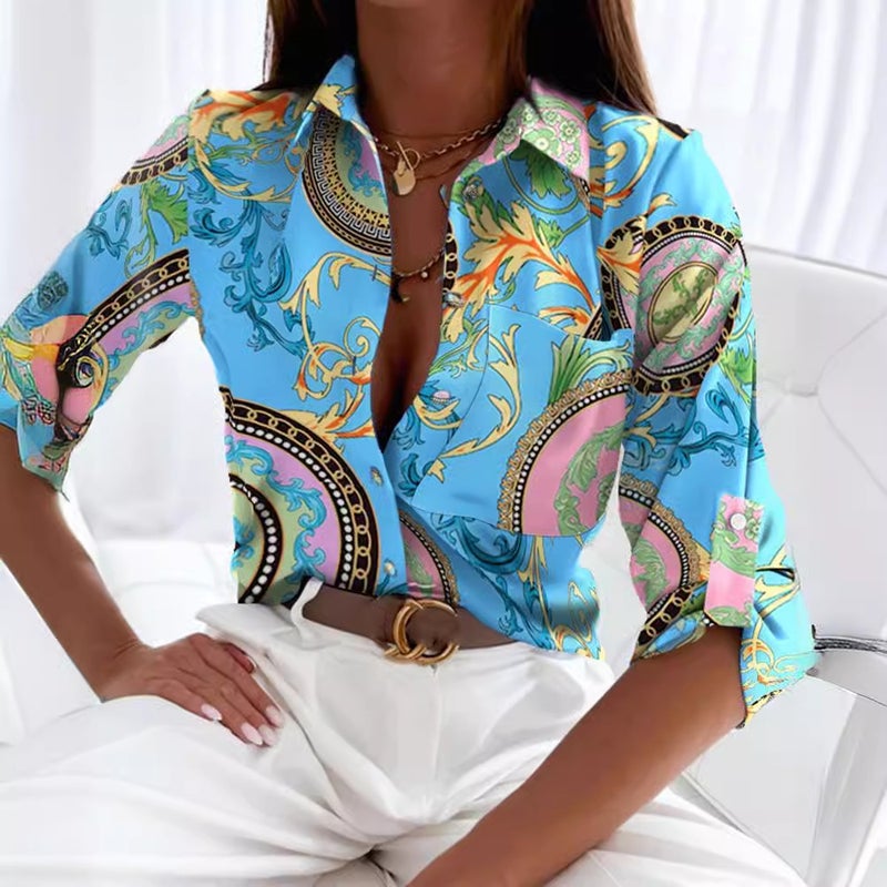 Women's Long Sleeve Printed Blouse Shirt Top - Image 2