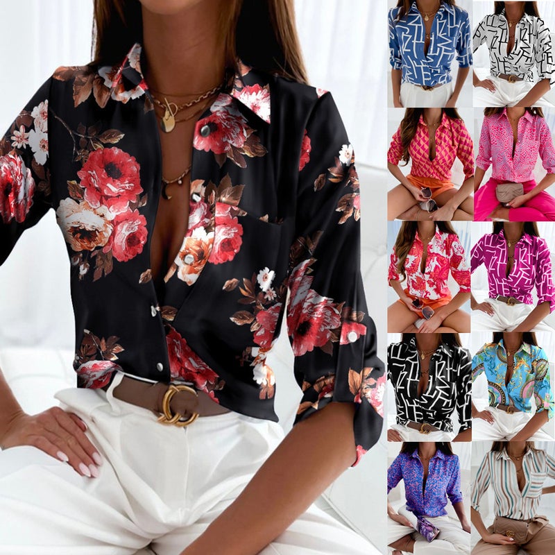 Women's Long Sleeve Printed Blouse Shirt Top - Image 1