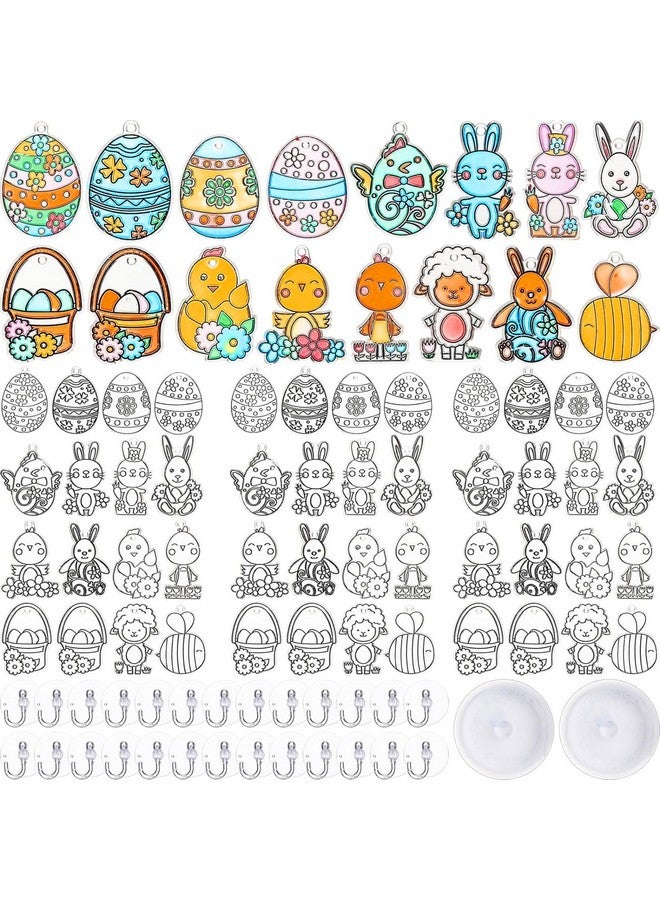 Geyee 130 Pcs Easter Window Art Craft Kit Set Include 64 Easter Eggs Rabbits Chickens Suncatcher Ornaments 64 Suction Hook and 2 Elastic Cord for DIY Crafts Party Decorations - Image 1