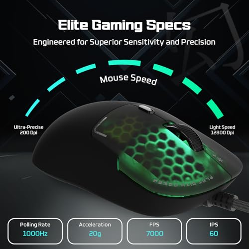 EvoFox Phantom Air Ultra Lightweight Gaming Mouse 54g | Upto 1000Hz Polling Rate, 7000 FPS, 12800 DPI | Honeycomb RGB Lighting | Fully Programmable with Windows Software & On-Board Memory | Black - Image 2