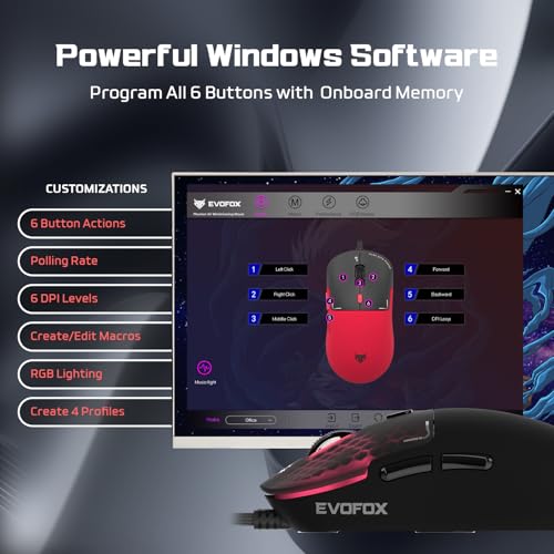 EvoFox Phantom Air Ultra Lightweight Gaming Mouse 54g | Upto 1000Hz Polling Rate, 7000 FPS, 12800 DPI | Honeycomb RGB Lighting | Fully Programmable with Windows Software & On-Board Memory | Black - Image 4