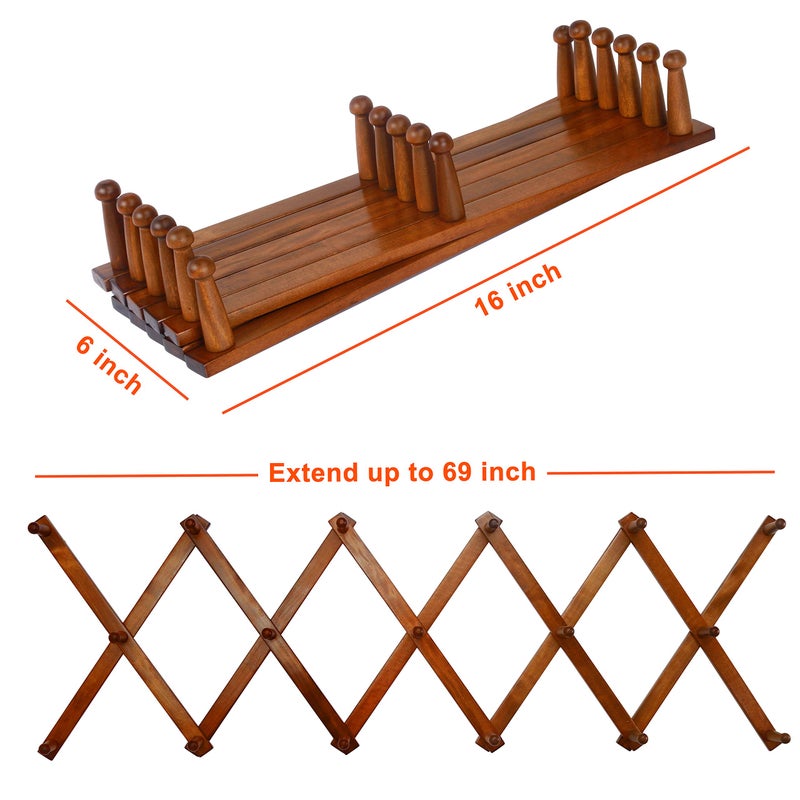Dseap Accordian Wall Hanger: 16â€ High Wooden Wall Expandable Coat Rack, Hat Rack Holder, Accordion Hook for Baseball Caps, Coats, Mugs, 16 Peg Hooks, Brown - Image 5