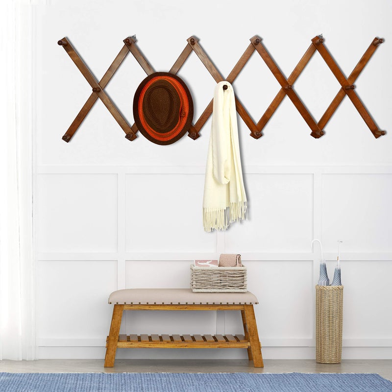 Dseap Accordian Wall Hanger: 16â€ High Wooden Wall Expandable Coat Rack, Hat Rack Holder, Accordion Hook for Baseball Caps, Coats, Mugs, 16 Peg Hooks, Brown - Image 2