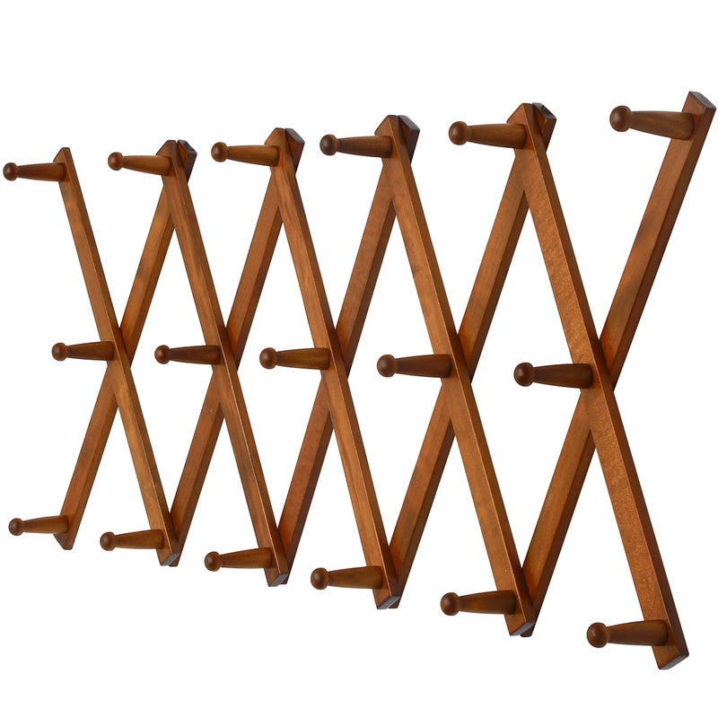 Dseap Accordian Wall Hanger: 16â€ High Wooden Wall Expandable Coat Rack, Hat Rack Holder, Accordion Hook for Baseball Caps, Coats, Mugs, 16 Peg Hooks, Brown - Image 1