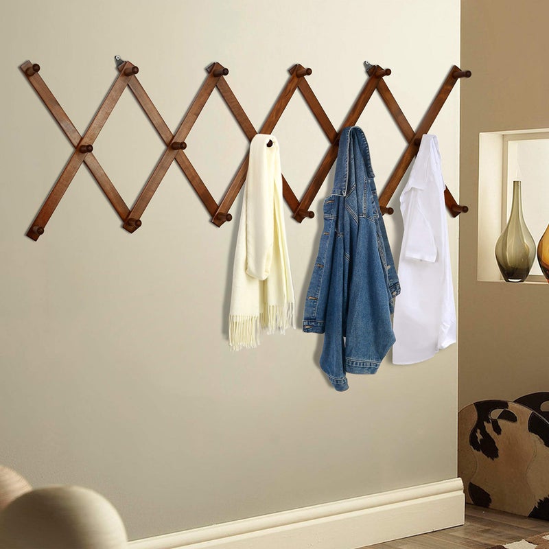 Dseap Accordian Wall Hanger: 16â€ High Wooden Wall Expandable Coat Rack, Hat Rack Holder, Accordion Hook for Baseball Caps, Coats, Mugs, 16 Peg Hooks, Brown - Image 4