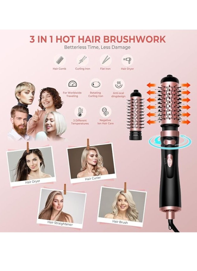 Hair Dryer Brush, 3-in-1 Rotating Round Hot Air Spin Brush Set with 2 Brushes (2" & 1.5"), Negative Ionic Blow Volumizer, 2 Detachable Auto-Rotating Curling Brush,Dry as You Style, Black&Gold