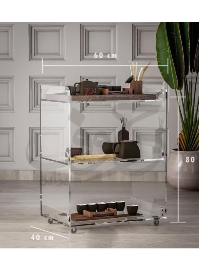 Horoof Market Modern 3-Tier Acrylic Open Tray Trolley – Sleek Transparent Design with Open Sides, 80x60x40 cm, TR011  - Image 2
