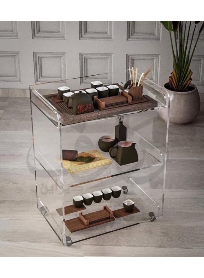 Horoof Market Modern 3-Tier Acrylic Open Tray Trolley – Sleek Transparent Design with Open Sides, 80x60x40 cm, TR011  - Image 1