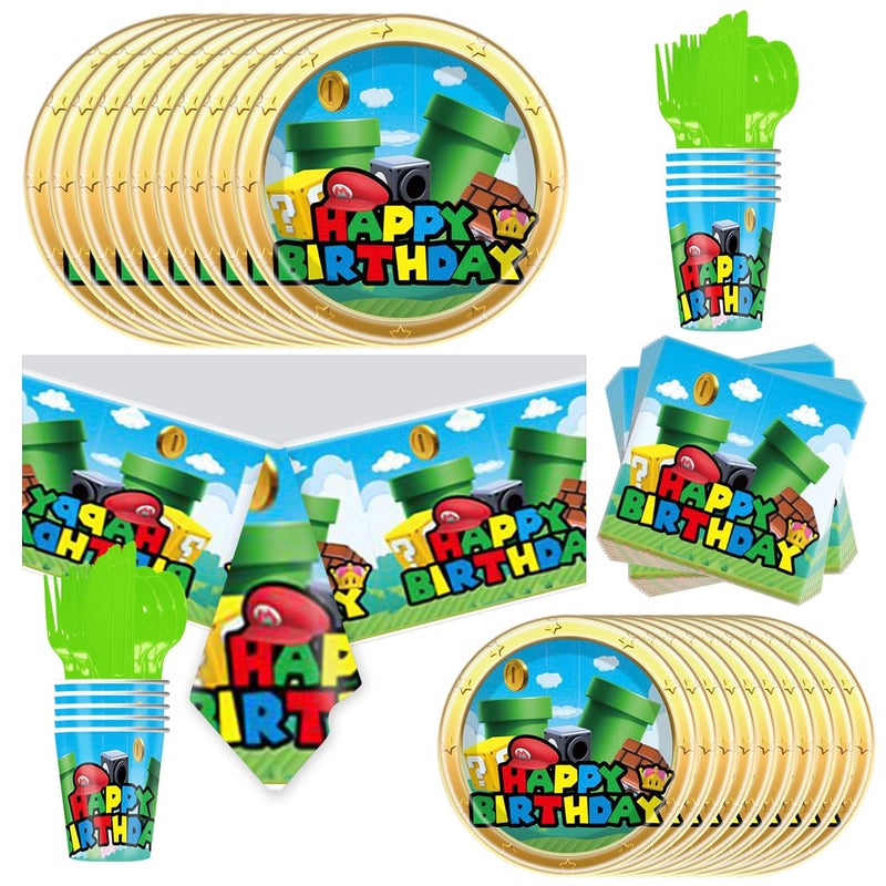 JU XIN 81Pcs Video Game Birthday Party Supplies, Video Game Set Disposable Dinner Tableware Plates Napkins Cups Knives Spoons Forks Kids Birthday Party Decorations Serve 20 - Image 1
