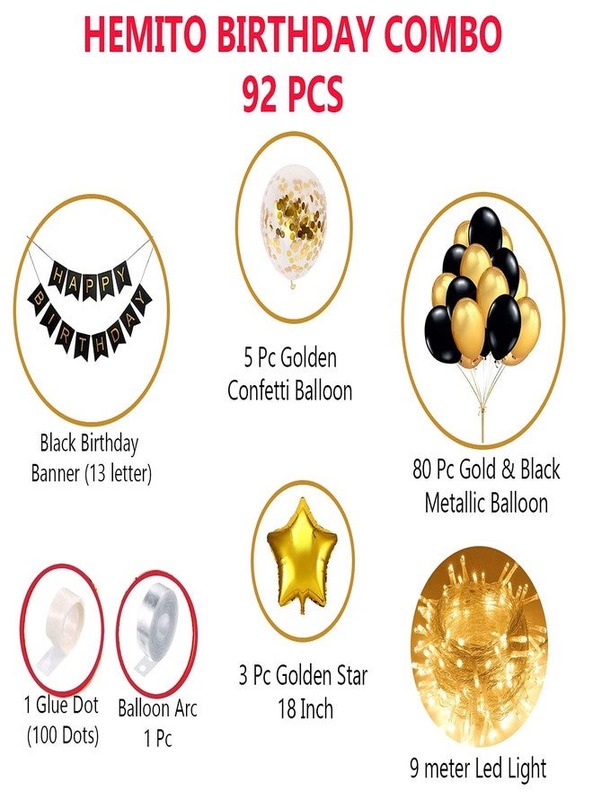 HEMITO 92pcs combo of Birthday Balloons Decoration With Light Kit Items combo for Kids Girls Adult Women Boys Husband/Gold Black Supplies/Foil Balloon, Star and Birthday Banner Items Set - Image 2
