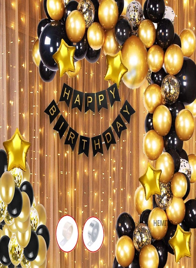 HEMITO 92pcs combo of Birthday Balloons Decoration With Light Kit Items combo for Kids Girls Adult Women Boys Husband/Gold Black Supplies/Foil Balloon, Star and Birthday Banner Items Set - Image 1