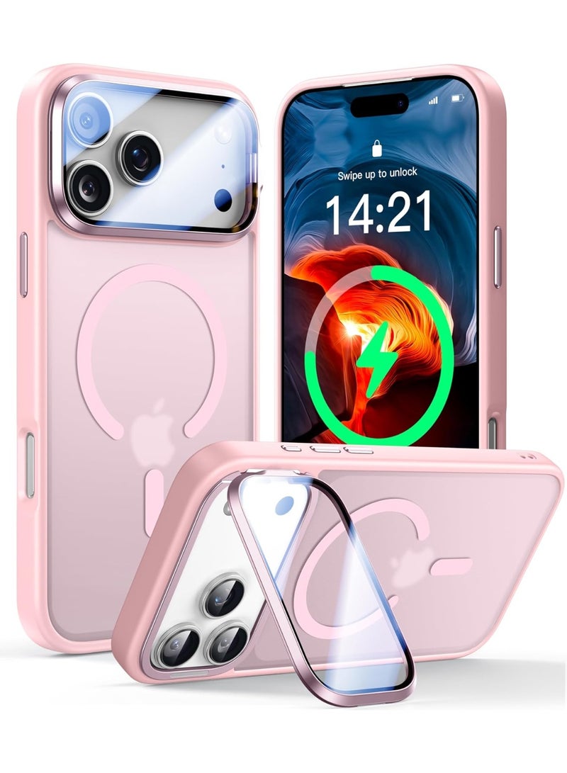 MagSafe Compatible Case for iPhone 17 Pro Max - Slim Shockproof Cover with Camera Lens Protector & Foldable Stand, Pink - Image 1