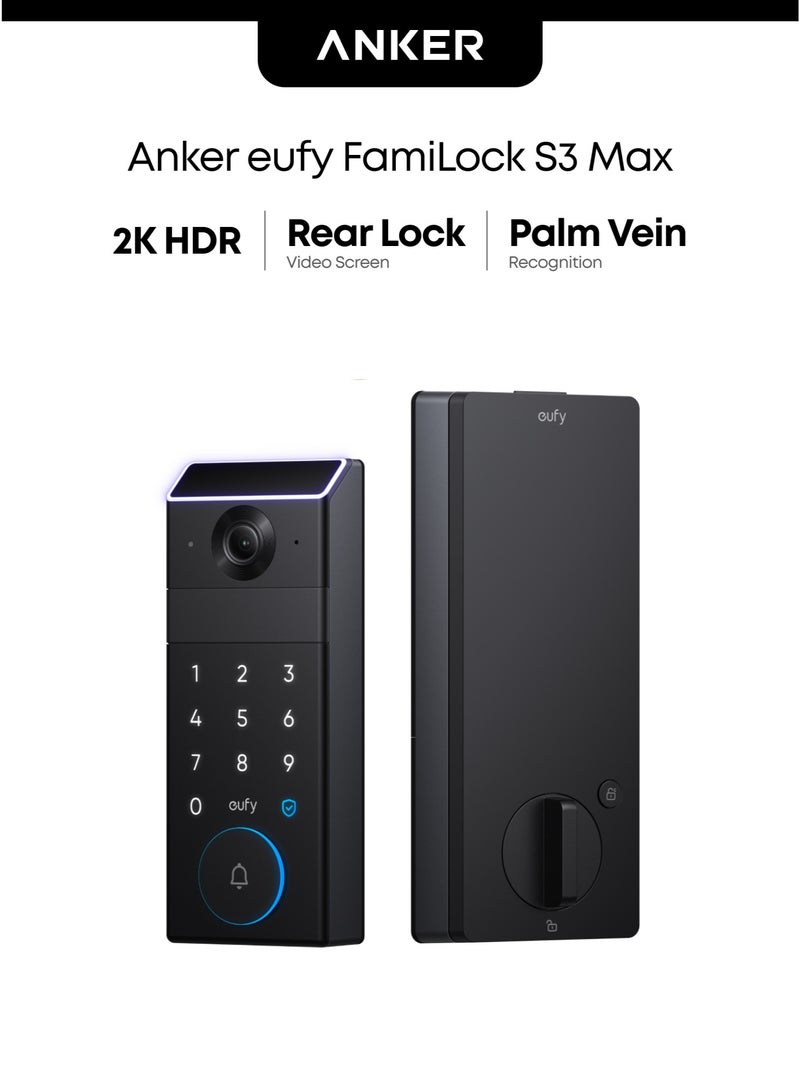 إيوفي قفل الباب الذكي Eufy FamiLock S3 Max مع التعرف على أوردة الكف – دخول بدون مفتاح، ‎3 في 1: لوحة مفاتيح Wi-Fi + كاميرا 2K HDR + جرس باب، معيار ANSI/BHMA درجة 1، شاشة فيديو للقفل الخلفي - Image 1