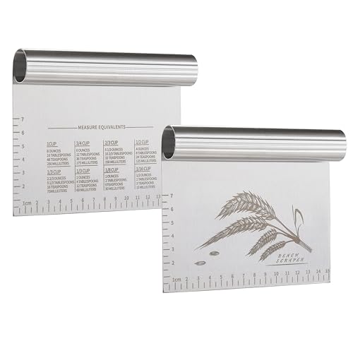 OLULU 2PCS Dough Pastry Bench Cutter Scraper, OLULU Stainless Steel Kitchen Food Scraper with Protective Cover, Anti-Wear Laser-Engraved Measuring Scale and Ear Of Wheat, Dishwasher Safe (2Pack, 6 inch) - Image 1