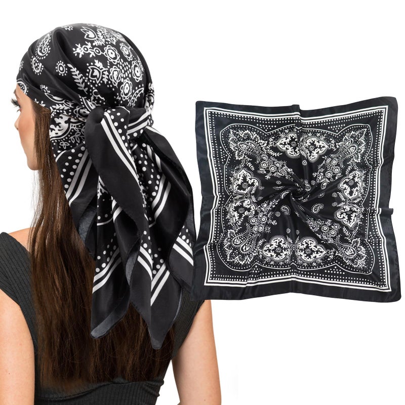 vimate Black Silk Like Scarf, 35'' Square Satin Head Scarf Headband Paisley for Women's Hair (Style-66) - Image 1
