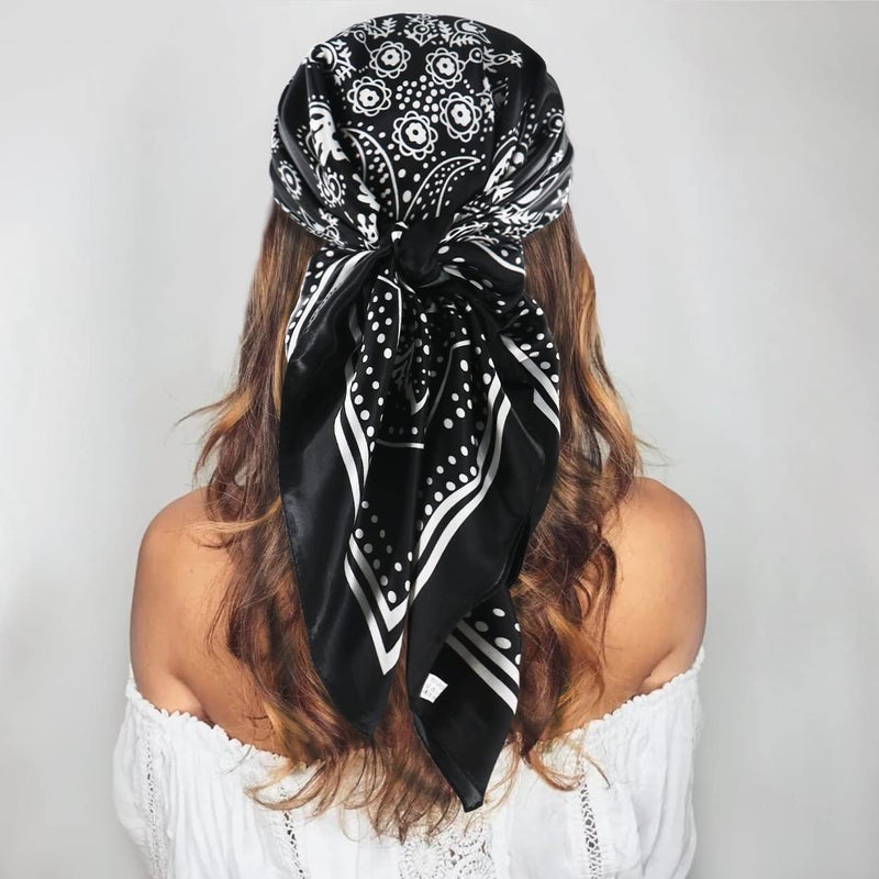 vimate Black Silk Like Scarf, 35'' Square Satin Head Scarf Headband Paisley for Women's Hair (Style-66) - Image 3