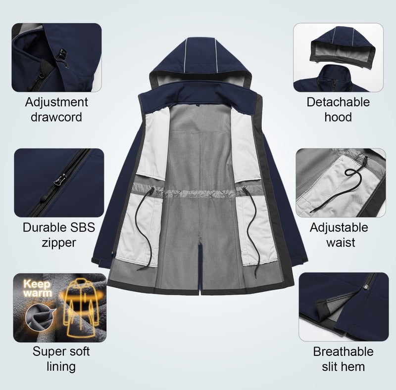 CREATMO US Women's Ladies Softshell Hooded Jacket Insulated Windbreaker Waterproof Warm Fleece Lined Snow Coat Navy S - Image 5