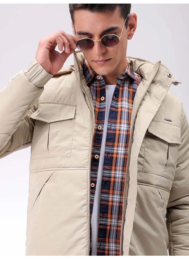 The Indian Garage Co Mens Light Beige Slim Fit Quilted Hooded Zipper Placket Flap Pocket Winter Jacket