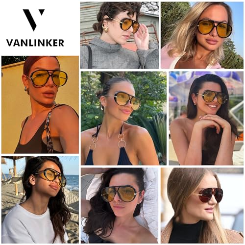 VANLINKER Trendy Polarized Aviator Sunglasses for Women Men Retro Oversized Round Sunglasses Vintage Side Shield Shades VL9798, Tortoise/Green - Image 2