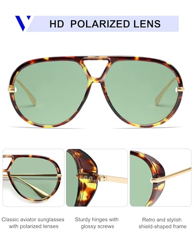 VANLINKER Trendy Polarized Aviator Sunglasses for Women Men Retro Oversized Round Sunglasses Vintage Side Shield Shades VL9798, Tortoise/Green - Image 4