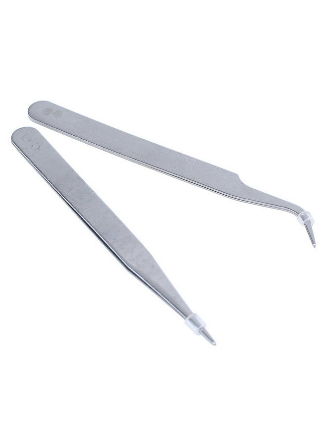 ReNext 2 Nail Art Tweezers Curved Straight Pointed Ongles (Silver) - Image 1