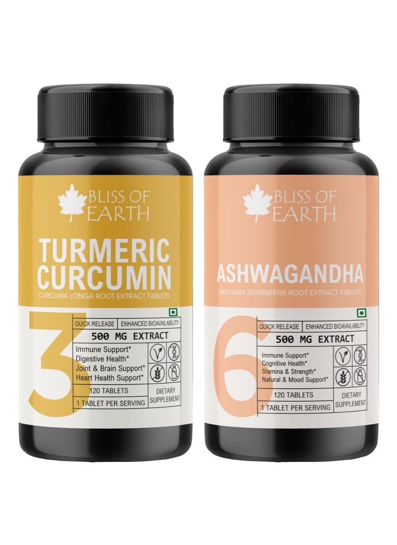BLISS OF EARTH - High Potency Combo of Gotu Kola Extracts Tablets 500mg   Ashwagandha Root Extract Tablets 500mg  120 Count Each - Image 1