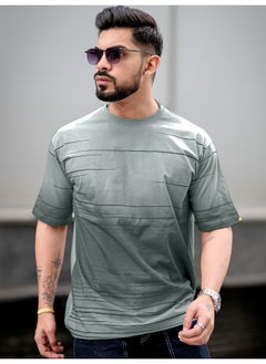 Maniac Mens Spray Print Round Neck 3/4th Sleeve Light Grey Cotton Oversized T-Shirt  - Image 2