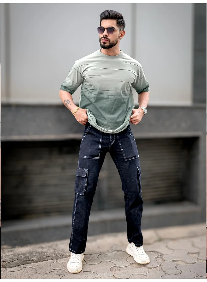 Maniac Mens Spray Print Round Neck 3/4th Sleeve Light Grey Cotton Oversized T-Shirt