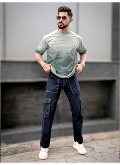 Maniac Mens Spray Print Round Neck 3/4th Sleeve Light Grey Cotton Oversized T-Shirt  - Image 5