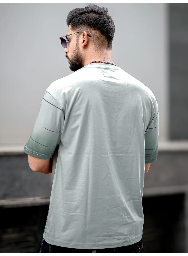 Maniac Mens Spray Print Round Neck 3/4th Sleeve Light Grey Cotton Oversized T-Shirt