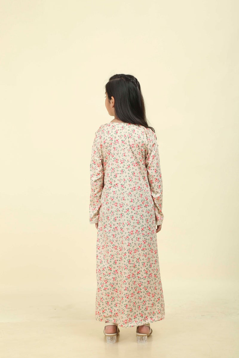 HANA & SARA Girls Satin Digital Print Floral Arabic Jalabiya – Lightweight Modest Wear Dress - Image 3