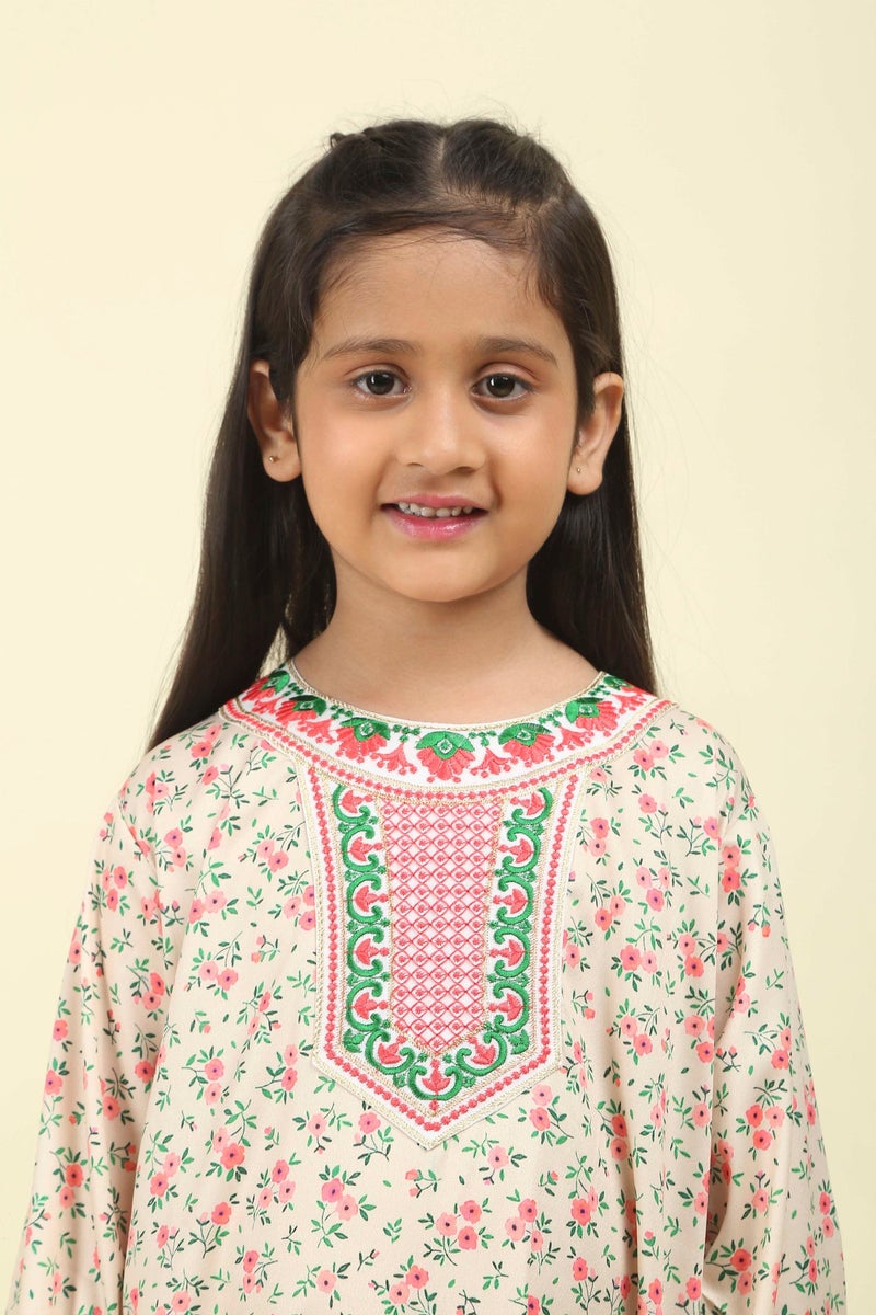 HANA & SARA Girls Satin Digital Print Floral Arabic Jalabiya – Lightweight Modest Wear Dress - Image 4