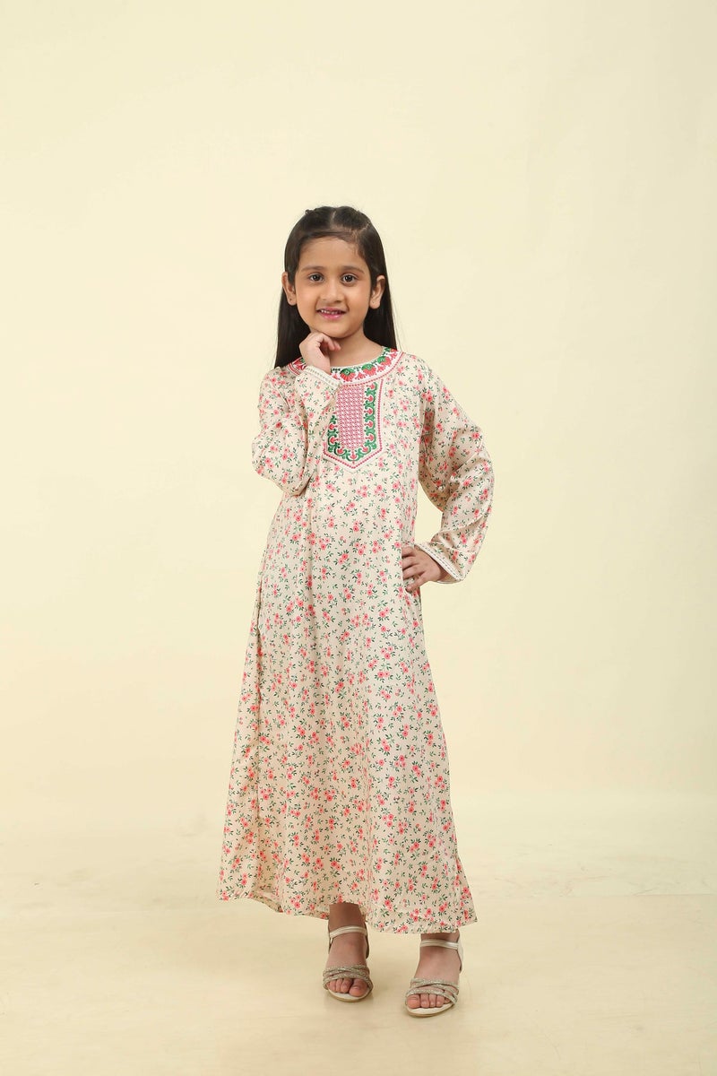 HANA & SARA Girls Satin Digital Print Floral Arabic Jalabiya – Lightweight Modest Wear Dress - Image 2