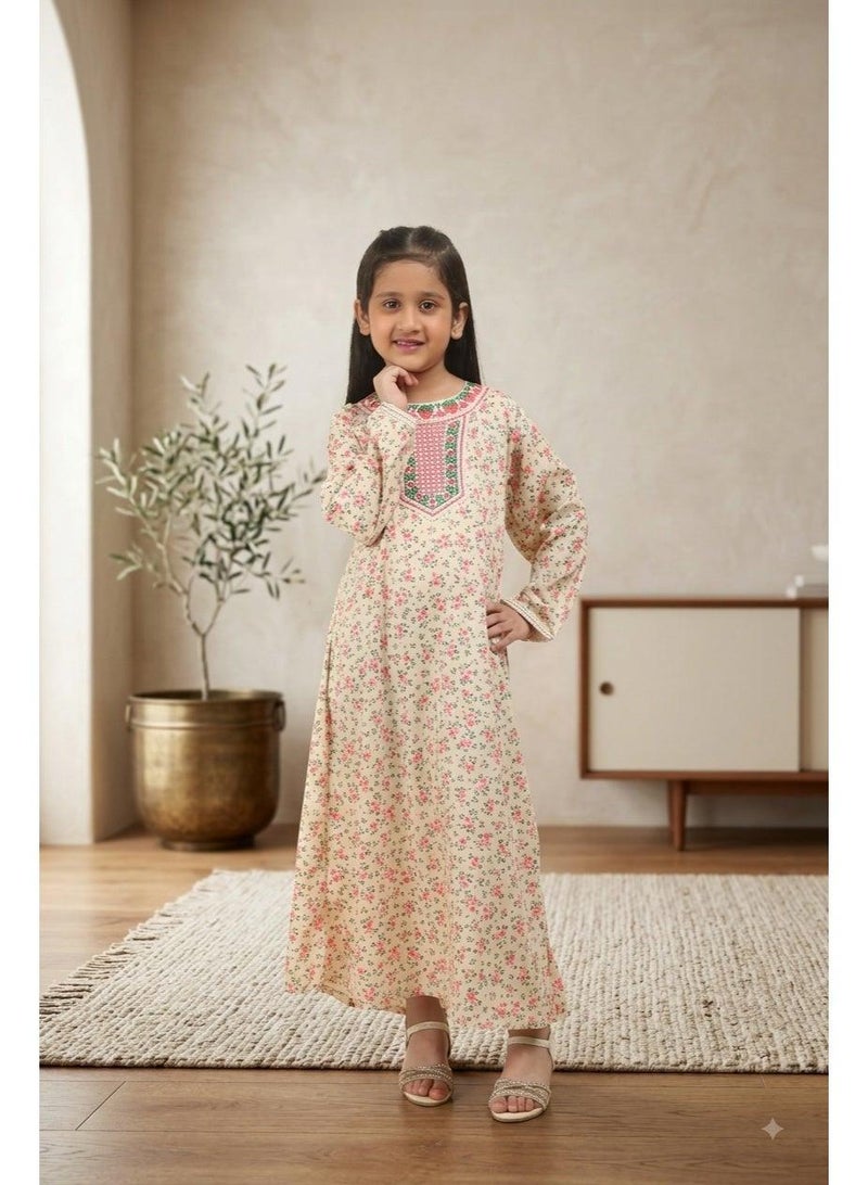 HANA & SARA Girls Satin Digital Print Floral Arabic Jalabiya – Lightweight Modest Wear Dress - Image 1