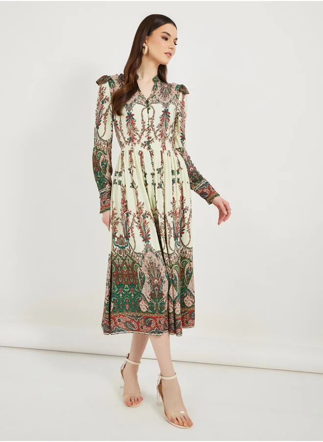 ستايلي Paisley Print Long Sleeve A-Line Midi Dress