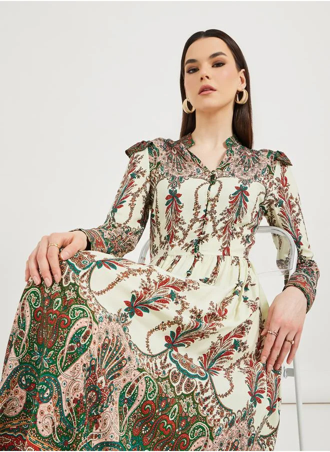 ستايلي Paisley Print Long Sleeve A-Line Midi Dress