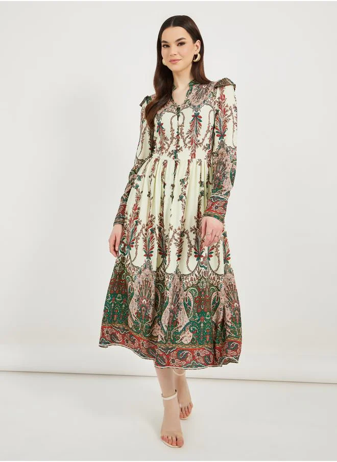 Styli Paisley Print Long Sleeve A-Line Midi Dress