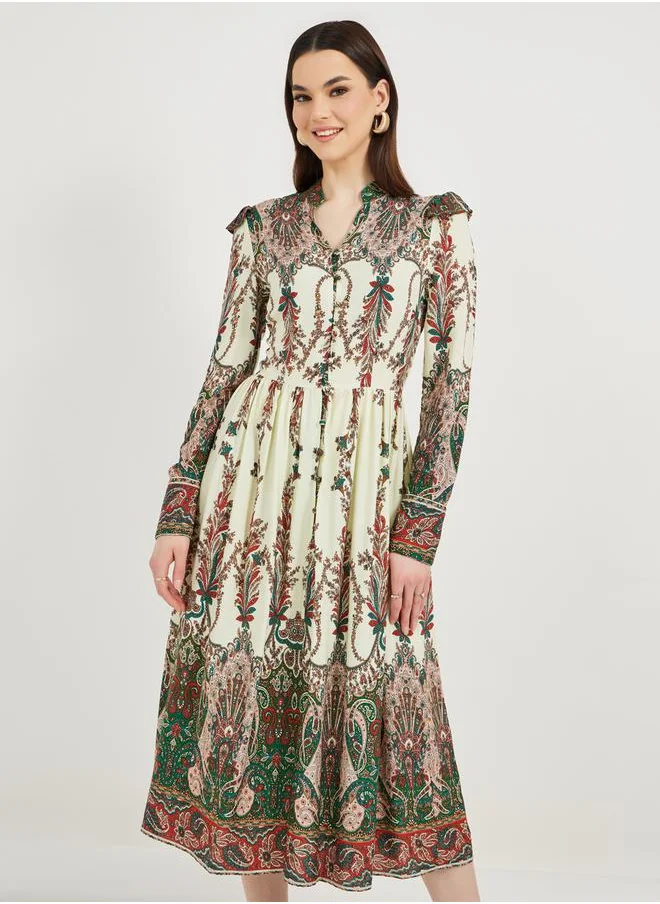 ستايلي Paisley Print Long Sleeve A-Line Midi Dress
