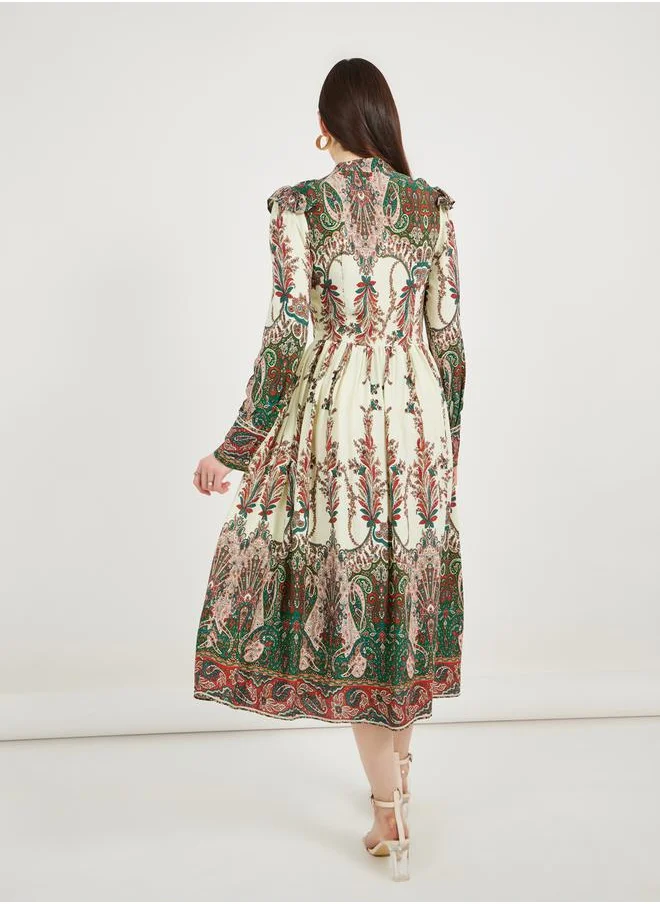ستايلي Paisley Print Long Sleeve A-Line Midi Dress
