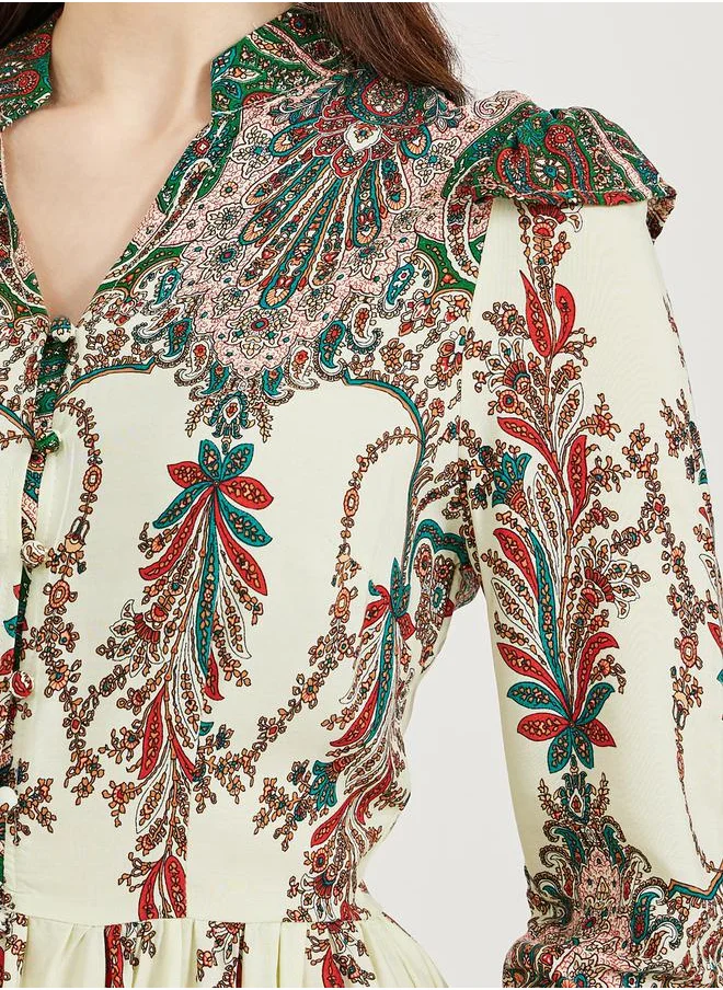 ستايلي Paisley Print Long Sleeve A-Line Midi Dress