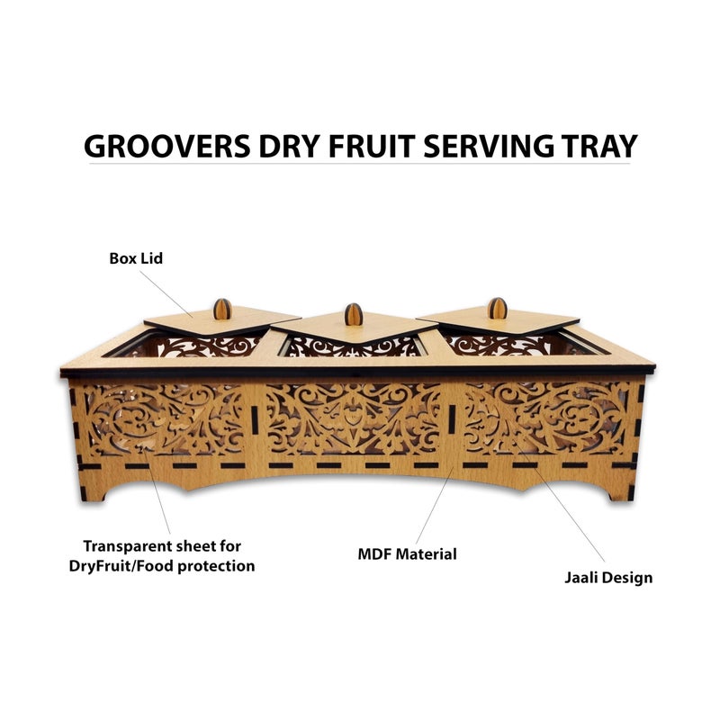 Groovers صينية خشبية من MDF للمكسرات/الحلويات المجففة من Groovers | صندوق تقديم لتزيين الطاولة مع حاوية تخزين مصممة تحتوي على 3 أقسام وفوقها غطاء - Image 3
