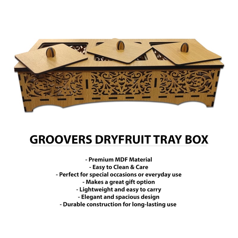 Groovers صينية خشبية من MDF للمكسرات/الحلويات المجففة من Groovers | صندوق تقديم لتزيين الطاولة مع حاوية تخزين مصممة تحتوي على 3 أقسام وفوقها غطاء - Image 4