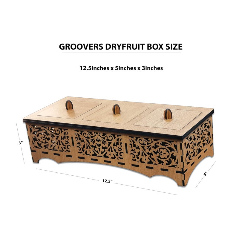 Groovers صينية خشبية من MDF للمكسرات/الحلويات المجففة من Groovers | صندوق تقديم لتزيين الطاولة مع حاوية تخزين مصممة تحتوي على 3 أقسام وفوقها غطاء - Image 2