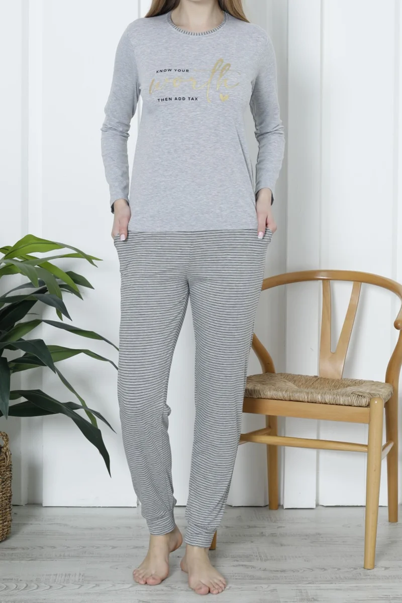 نيكوليتا Women's Long Sleeve Pajama Set with Pockets Cotton Lycra Gray