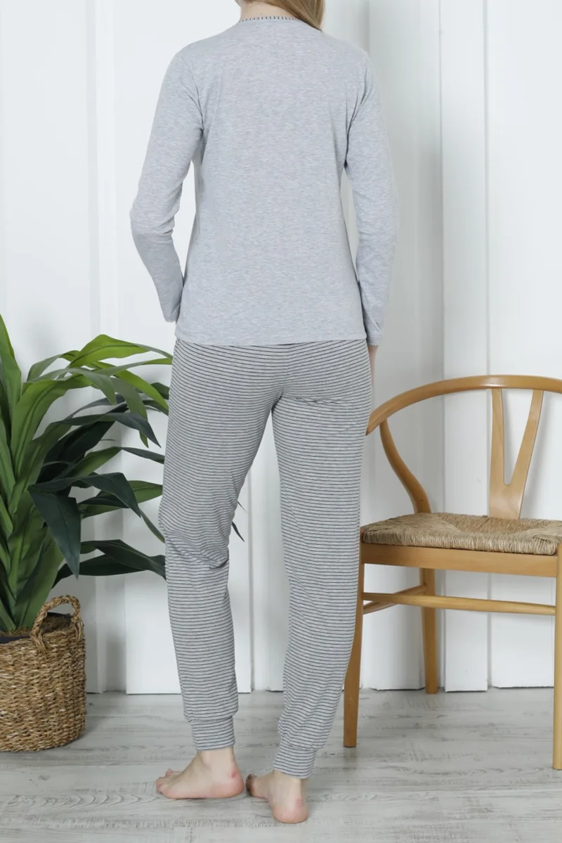 نيكوليتا Women's Long Sleeve Pajama Set with Pockets Cotton Lycra Gray